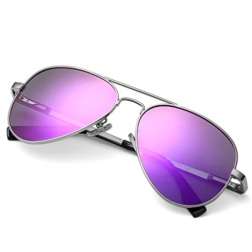 PORADAY Polarized Small Aviator Sunglasses for Adult Small Face and Junior, 100% UV400 Protection, 52mm (Junior/Silver Frame/Purple Mirrored Lens)
