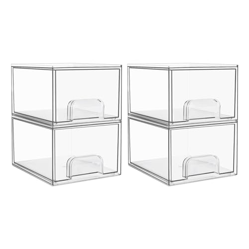 Vtopmart 4 Pack Clear Stackable Storage Drawers, 4.4'' Tall Acrylic Bathroom Makeup Organizer,Plastic Storage Bins For Vanity, Undersink, Kitchen Cabinets, Pantry, Home Organization and Storage