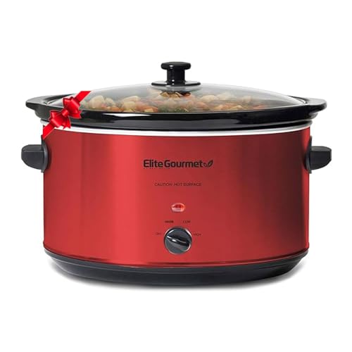 Elite Gourmet MST-900RXT Electric Ceramic XL Jumbo Slow Cooker, Adjustable Temp, Entrees, Sauces, Stews & Dips, Dishwasher Safe Glass Lid & Crock, 8.5 Quart, Metallic Red