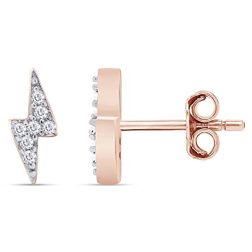 Round White Natural Diamond Accent Lightning Bolt Stud Earring 14K Rose Gold