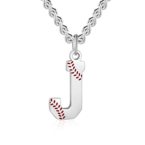 AIAINAGI Baseball Initial A-Z Letter Necklace for Boys Baseball Charm Pendant Stainless Steel Silver Chain 22inch Personalized Baseball Gift for Men Women Girls（J