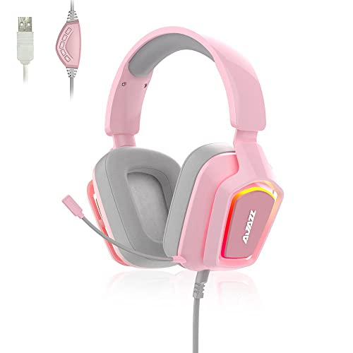 NACODEX AX368 Wired Pink Gaming Headset with Microphone - 7.1 Stereo Surround Sound - Volume Control - Adjustable Headband Noise Canceling Over Ear Headphones RGB Light for PC Laptop