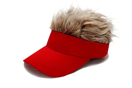 Men's Visor with Hair Fake Hairs Visor Hat with Hair for Men Funny Spiked Sun Hats Novelty Baseball Wig Caps Birthday Gift Red Coffee