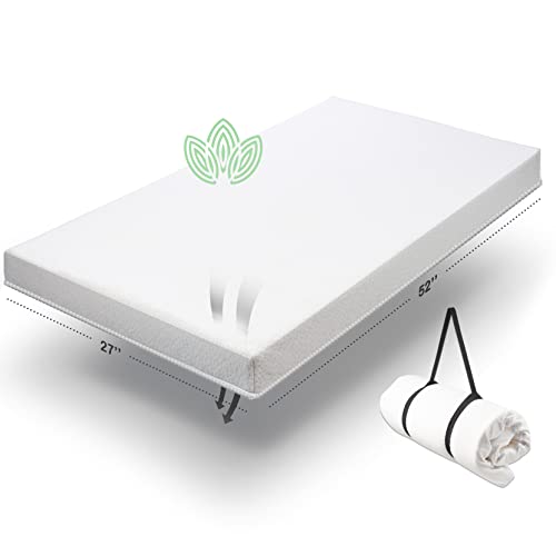 Organic Cotton Crib Topper | Ventilated 2-Inch Memory Foam CertiPUR-US Mattress Topper Pad, Waterproof & Washable Cover for Baby Crib & Toddler Bed Soft Padding, Nonslip Bottom, Travel Strap, 52x27x2