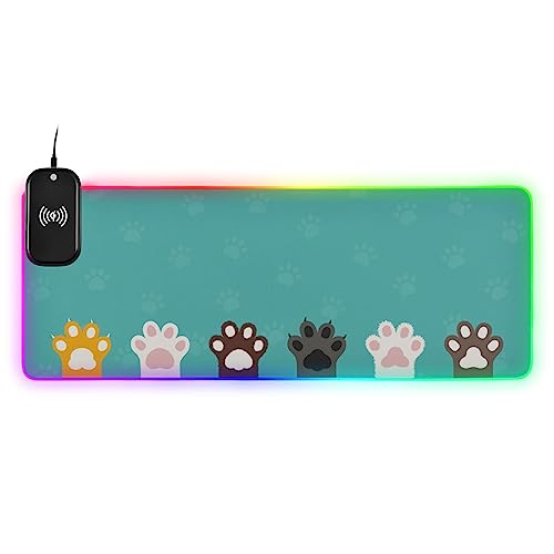 Cat Dog Paws RGB Gaming Large Extended Led Mouse Pad with 14 Lighting Modes, Computer Keyboard Mousepads Mat with 15W Qi Fast Wireless Charging 35.4 x 15.7 Inch