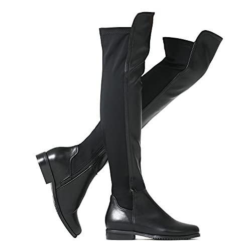 Shoe'N Tale Women Leather Suede Low Heel Over The Knee Thigh High Knee high Boots(8.5,Black-flat Pu)