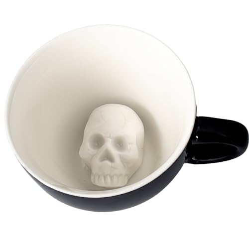 Creature Cups SKULL Ceramic Cup (11 Ounce, Black Exterior) | Hidden 3D Creature Inside Mug Emerges As You Drink | Spooky Creepy Coffee & Tea Cup