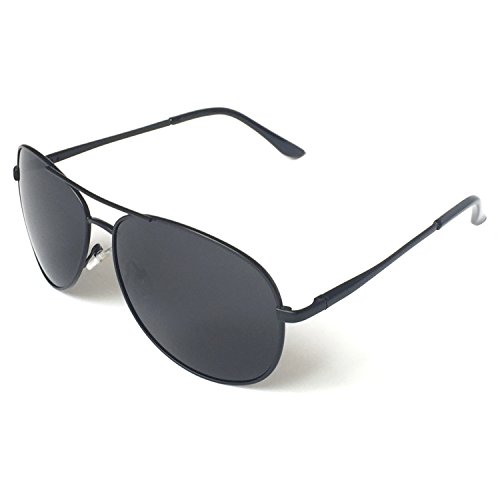 J+S Premium Military Style Classic Aviator Sunglasses, Polarized, 100% UV protection (Medium Frame - Black Frame/Black Lens)