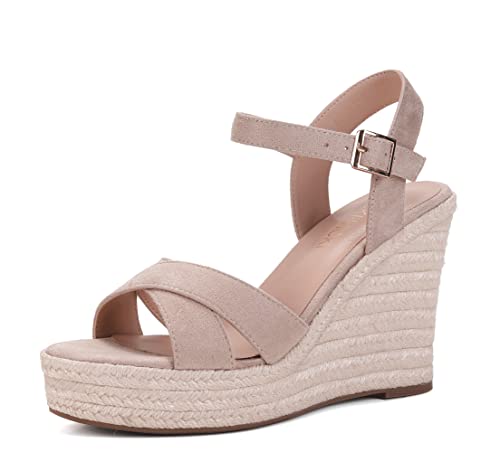 VICKI·VICKI Women's Summer Dress Sandals Platform Sandals Wedge Ankle Strap Open Toe Sandals High Heels Apricot Beige Size 7.5