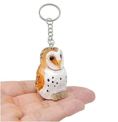 Selsela Barn Owl Fake Keychain Ring Clip Charm Farm Bird Miniature Wood Mini Figurine Small Animal