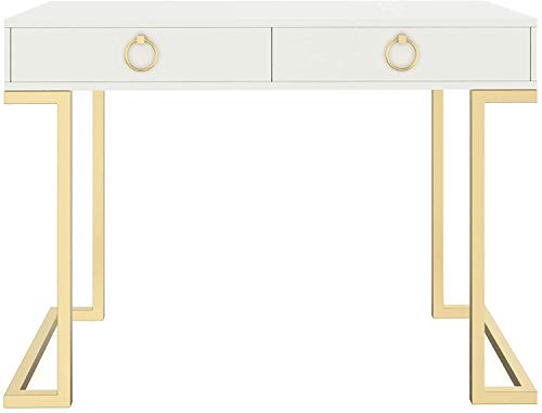 Nathan James Leighton Two-Drawer Writing Glam Accents Brass, Home Office Computer Desk or Vanity Table, 2, White/Gold, Small
