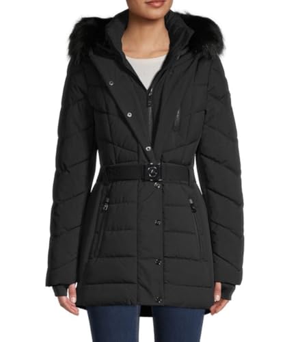 Michael Michael Kors Active Belted Puffer with Faux Fur Trim Hood Black (US, Alpha, Large, Regular, Regular)