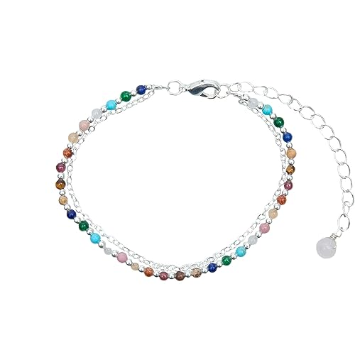 Lotus and Luna 2MM Master Healer Energy Chakra Healing Dainty Layered Bracelet with Real Stones Jade, Pearl, Rose Quartz, Amethyst, Moonstone (Silver)