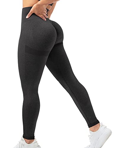 QOQ Womens High Waisted Seamless Workout Leggings Butt Lifting Gym Yoga Pants Booty Scrunch Vital Tummy Control Ruched Tights Black L