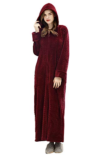 Hellomamma Long Hooded Zipper Bathrobe for Womens Flannel Fleece Robes Winter Warm Housecoat Nightgown Sleepwear Pajamas