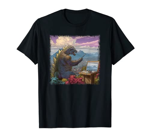 Kaiju Painting a Landscape Funny Monster Artist Art T-Shirt