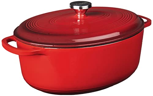 Lodge 7 Quart Enameled Cast Iron Dutch Oven with Lid – Dual Handles – Oven Safe up to 500° F or on Stovetop - Use to Marinate, Cook, Bake, Refrigerate and Serve – Red