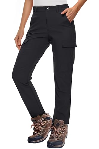 MAGCOMSEN Womens Fleece Lined Outdoor Snow Ski Pants Waterproof Insulated Winter Hiking Hunting Softshell Pants Black, S