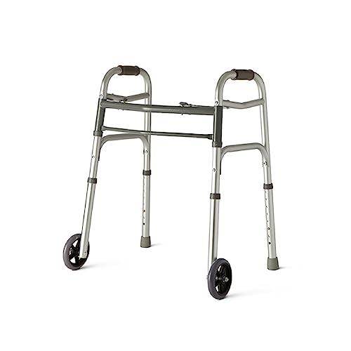 HEALTHLINE Junior Walker with Wheels, Lightweight Deluxe 2 Button Folding Walker with 5-inch Wheels, Adjustable Medical Pediatric Small Aluminum Front Wheeled Walker for Seniors & Children