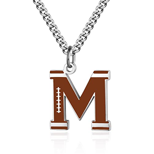 AIAINAGI Football Initial A-Z Letter Necklace for Boys Football Charm Pendant Stainless Steel Silver Chain 22inch Personalized Football Gift for Men Women Girls(M)