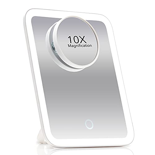 Fancii Portable LED Makeup Mirror with 3 Adjustable Light Settings, 1x Large Mirror & Detachable 10x Magnifying Mirror - Cordless Lighted Mirror for Travel, 360° Rotatable Kickstand (White)