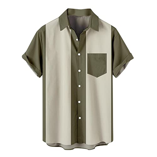 Polo Shirts for Men,Men's Retro Button Down Bowling Shirts 50s Rockabilly Style Summer Tops Cuban Style Camp Shirt Khaki