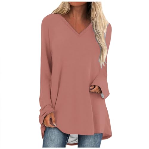 Today Deals of The Day Lightning Deals Women's Fall Long Sleeve Tunic Tops Basic Solid Color Blouse V Neck Casual Lightweight Shirts Loose Fit T-Shirt Return pallets from Amazon for Sale