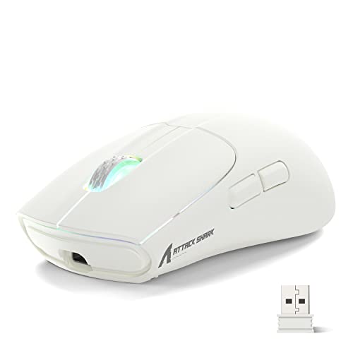 ATTACK SHARK X5 Wireless Gaming Mouse with Tri-Modes BT 5.1/2.4Ghz/USB-C,Lightweight 49g,PAW3212 Optical Sensor,Rechargeable Battery,RGB LED Honeycomb Mice for PC Games-White
