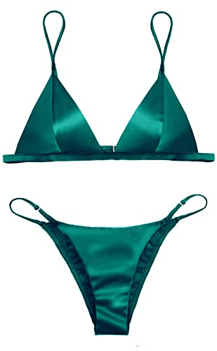Joey Macon Silky Satin Bralette Brief Set Trianglar Soft Bra Stretch Woven Charmeuse Colorful Easy Fit Comfort Dark Green