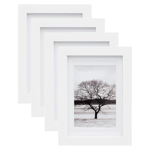 Egofine 5x7 Picture Frames 4 PCS - Made of Solid Wood Covered by Plexiglass Matted for 4x6 and 3.5x5 for Table Top Display and Wall Mounting photo frame White