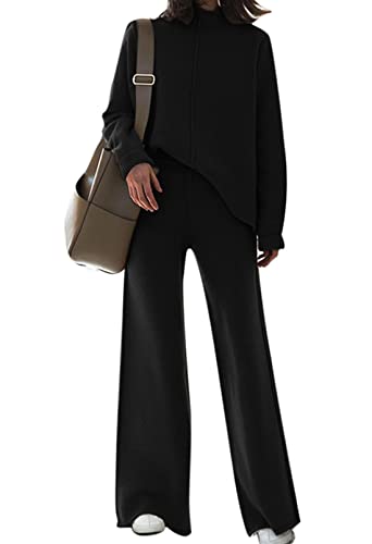 Fixmatti Women 2 Piece Knit Outfits Sweater Set Long Sleeve Jumper High Waist Wide Leg Pant Suit Black L