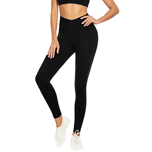 Crossover Leggings for Women Tummy Control - Soft High Waisted Leggings Non See-Through Cross Waist Tights Workout Running Yoga Pants (Black, Small-Medium)