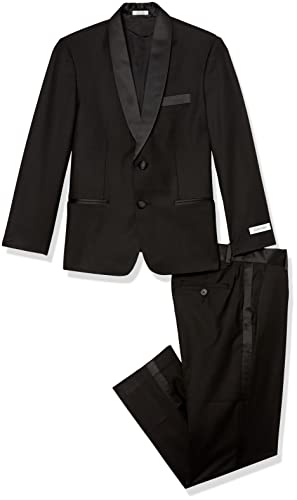 Calvin Klein Boys' Big 2-Piece Formal Tuxedo Suit Set, Includes Jacket & Dress Pants, Satin Trim Detailing & Functional Pockets, Black, 14