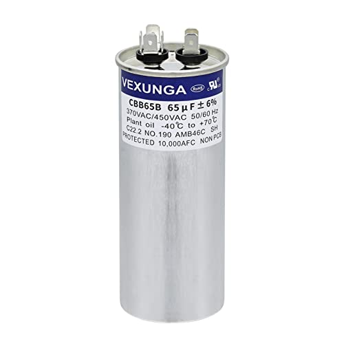 VEXUNGA 65uF 65 MFD 370VAC 440VAC 450VAC 50/60Hz CBB65 CBB65B Run Start Capacitor for AC Unit Fan Motor Start or Pool Pump or Air Condenser Straight Cool