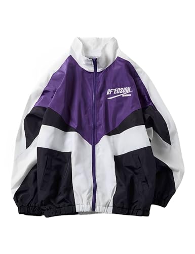 Wyeysyt Women's Y2k Jacket Zip Up Lightweight Windbreaker Jacket Varsity Oversized Vintage Sport Jacket Y2k Clothes Outerwear(Purple-M)