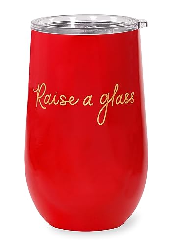 Kate Spade New York Insulated Stainless Steel Wine Tumbler, 16 Ounce Double Wall Tumbler, Red Stemless Travel Cup with Lid, Raise a Glass