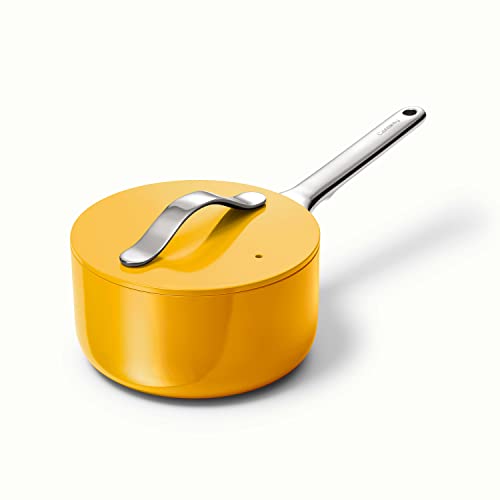 Caraway Nonstick Ceramic Sauce Pan with Lid (1.75 qt) - Non Toxic, PTFE & PFOA Free - Oven Safe & Compatible with All Stovetops (Gas, Electric & Induction) - Marigold