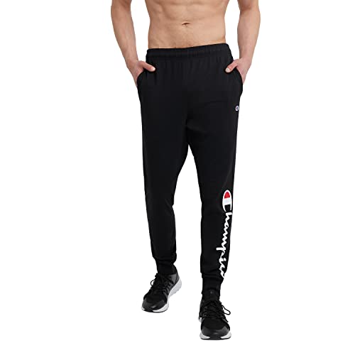 Champion Joggers, Everyday Cotton, Lightweight Lounge Knit Pants for Men, 31', Black Script, Medium