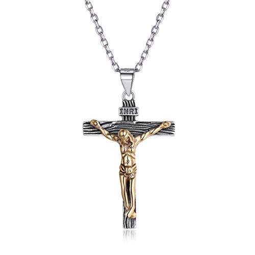 925 Sterling Silver Catholic Jesus Christ on INRI Cross Crucifix Necklace Gold & Silver Two Tone Pendant Necklace for Women Men, Chain 18''