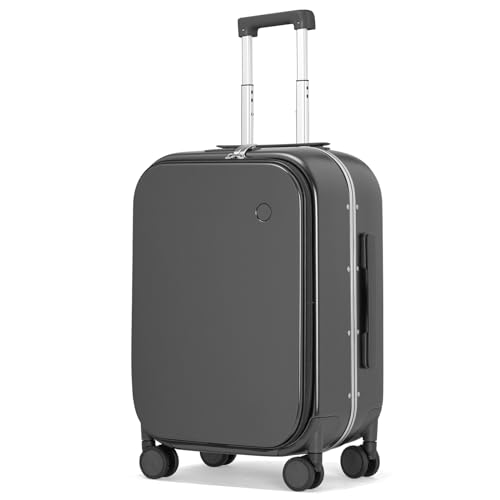 Carry On Luggage, 20'' Suitcase with Front Laptop Pocket, Travel Rolling Luggage Aluminum Frame PC Hardside with Spinner Wheels & TSA Lock and Cover - Rock Gray