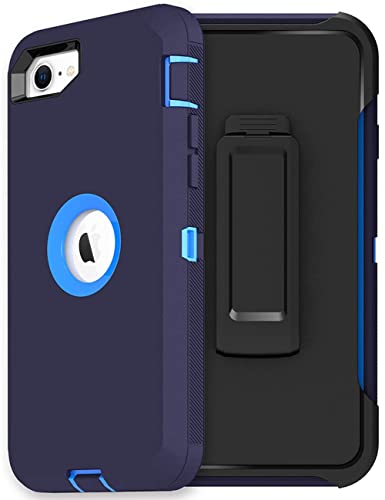 MXX iPhone SE 2022 /SE 2020 Heavy Duty Protective Case with Screen Protector [3 Layers] Rugged Rubber Shockproof Protection Cover & Rotating 360 Degree Belt Clip for Apple iPhone SE (Blue)