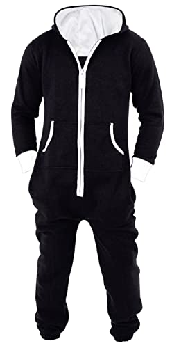 Mens Jumpsuit Non Footed Pajama Unisex One Piece Playsuit Adult Onesie With Hood Black XX-Large