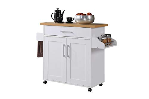 Hodedah Kitchen Island with Spice Rack, Towel Rack & Drawer, White with Beech Top, 15.5 x 35.5-44.9 x 35.2 inches
