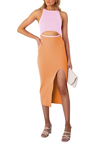 Pink Queen Women's Sexy Cutout Midi Dress Crew Neck Sleeveless Party Cocktail Ribbed Bodycon Dresses Orange S