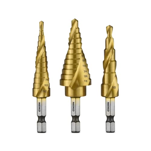 Neiko - 43219-22909 10181A Quick Change HSS Titanium Coated Spiral Grooved Step Drill Bit 3-Piece Set | 31 Step Sizes in One Kit