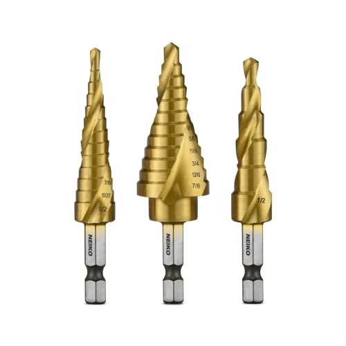 Neiko - 43219-22909 10181A Quick Change HSS Titanium Coated Spiral Grooved Step Drill Bit 3-Piece Set | 31 Step Sizes in One Kit