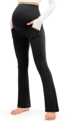 JOYSPELS Maternity Pants with Pockets, Womens Pregnancy Flare Maternity Leggings, High Waisted Maternity Workout Yoga Pants for Work Casual (Black, M)