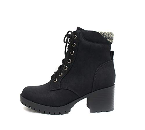 Soda Single Lug Sole Chunky Heel Combat Ankle Boot Lace up w/Side Zipper (8.5, Black (Nubuck))