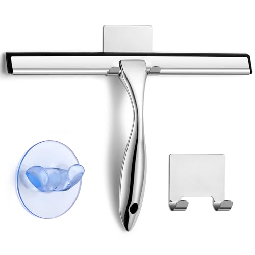 All-Purpose Shower Squeegee for Shower Doors, Bathroom, Window, Glass and Car Windshield, Includes Suction Hook & Adhesive Hook, 18/8 Stainless Steel, 10', Silver