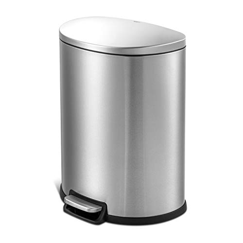 QUALIAZERO 50L/13Gal Heavy Duty Hands-Free Stainless Steel Commercial/Kitchen Step Trash Can, Fingerprint-Resistant Soft Close Lid Trashcan, 13Gal, D Shape